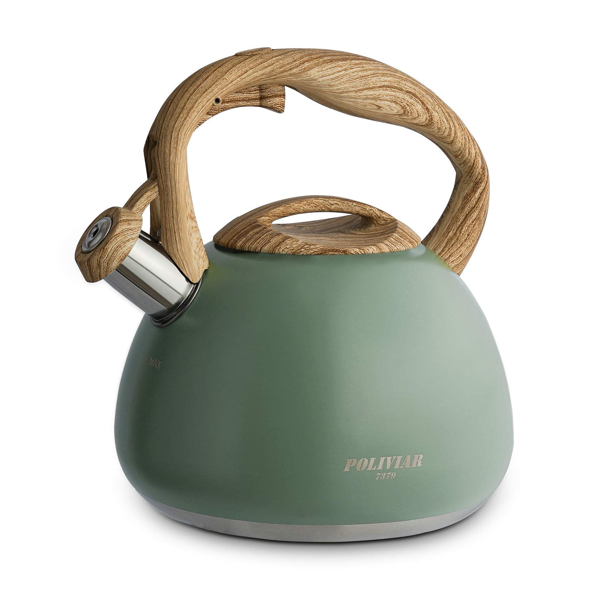 Poliviar Tea Kettle with seaweed green finish and whistle, quick alert while multitasking