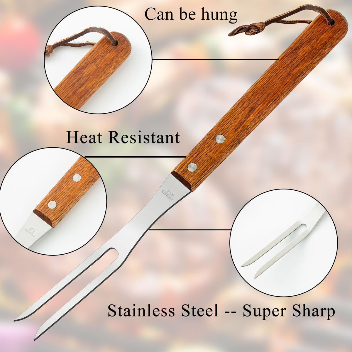 Ponpon meat fork brown handle 33cm offers extended reach for grilling