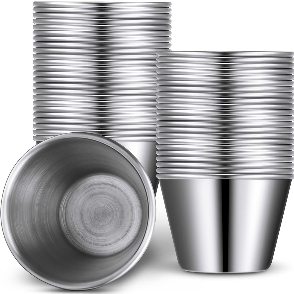 Potchen 48-pack 2.5 oz metal ramekins ready for dipping sauces at gatherings