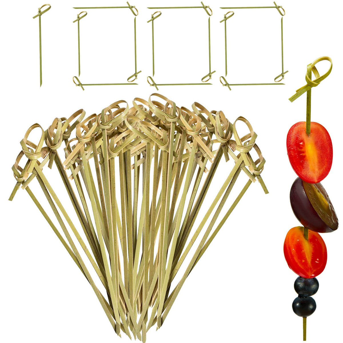 Potchen bamboo picks table arrangement highlights elegant appetizer presentation.