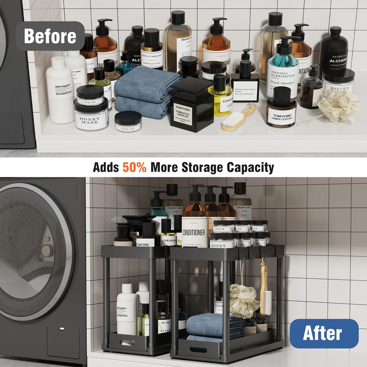 POUGNY bathroom and kitchen storage keeps sponges, sprays and toiletries organized