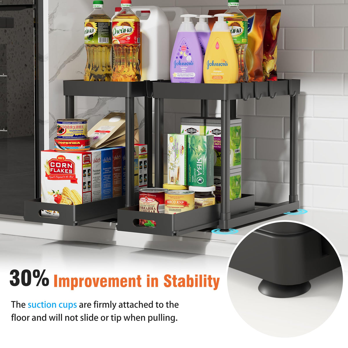 POUGNY smooth-glide pull-out drawers offer one-handed access to cleaners