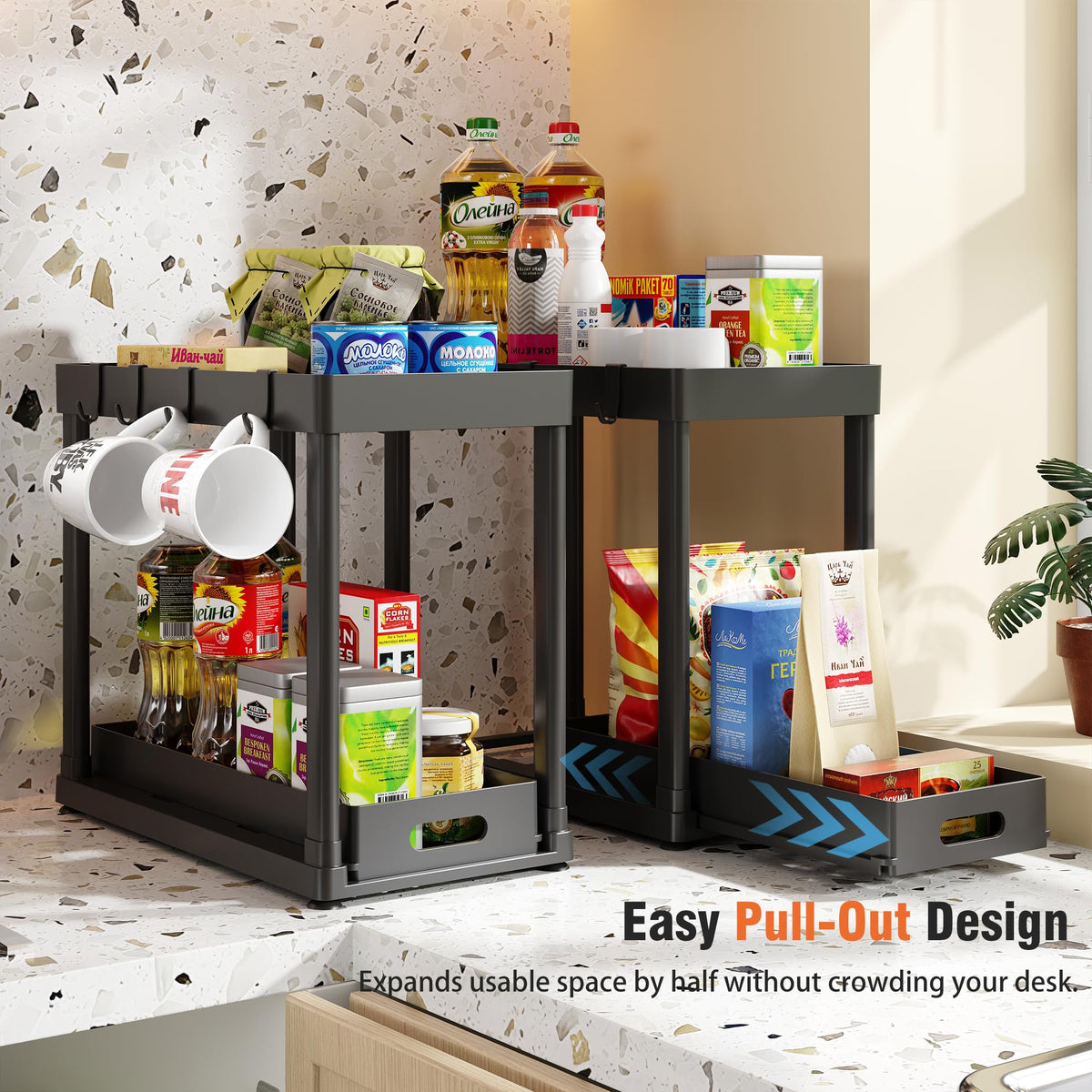 POUGNY two-tier design fits tall bottles and varied items