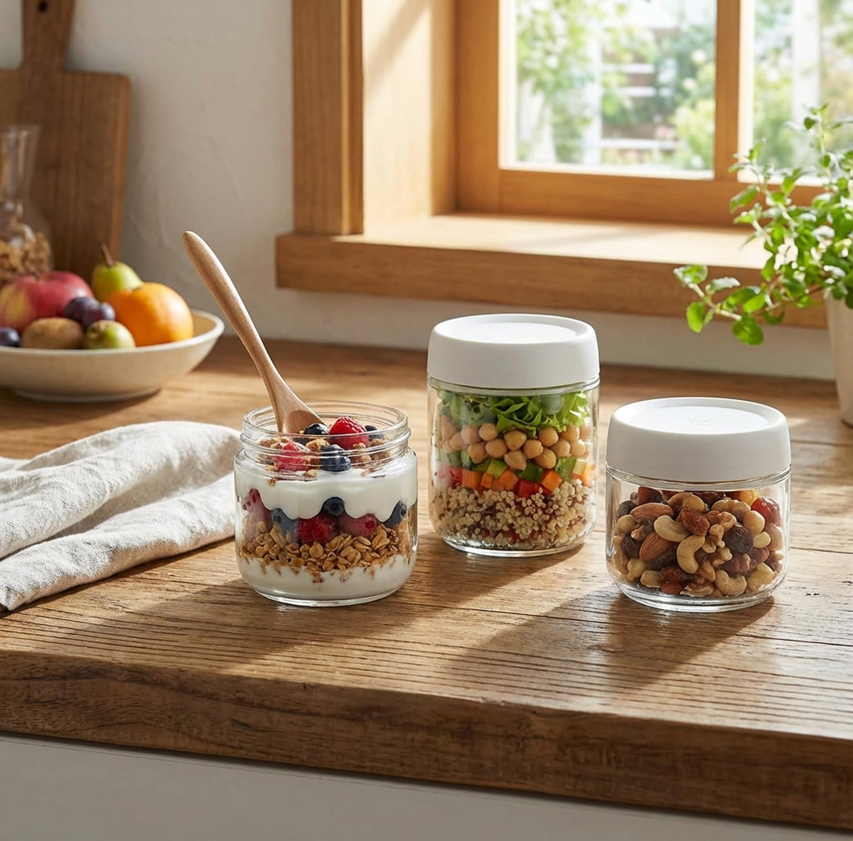 Povinmos screw-top lids provide airtight seal to lock in freshness.