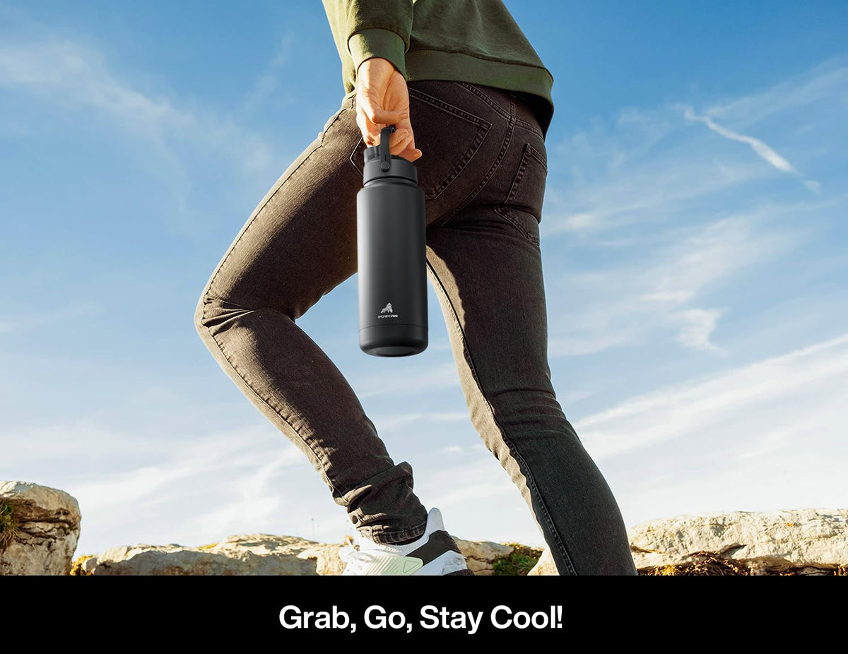 POWCAN bottle in outdoor scene ready for travel and hiking
