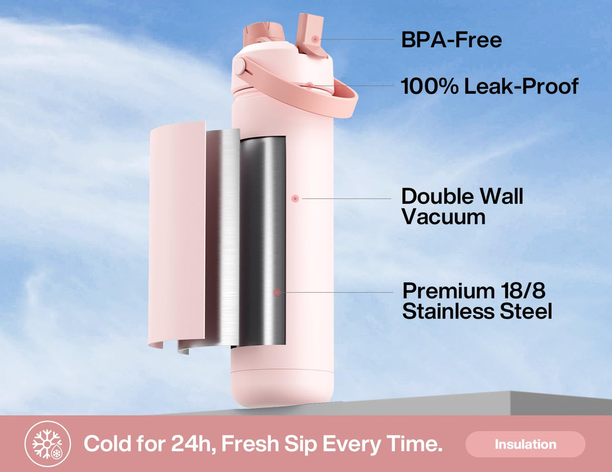 PowCAN stainless steel bottle with leak-proof cap for travel.