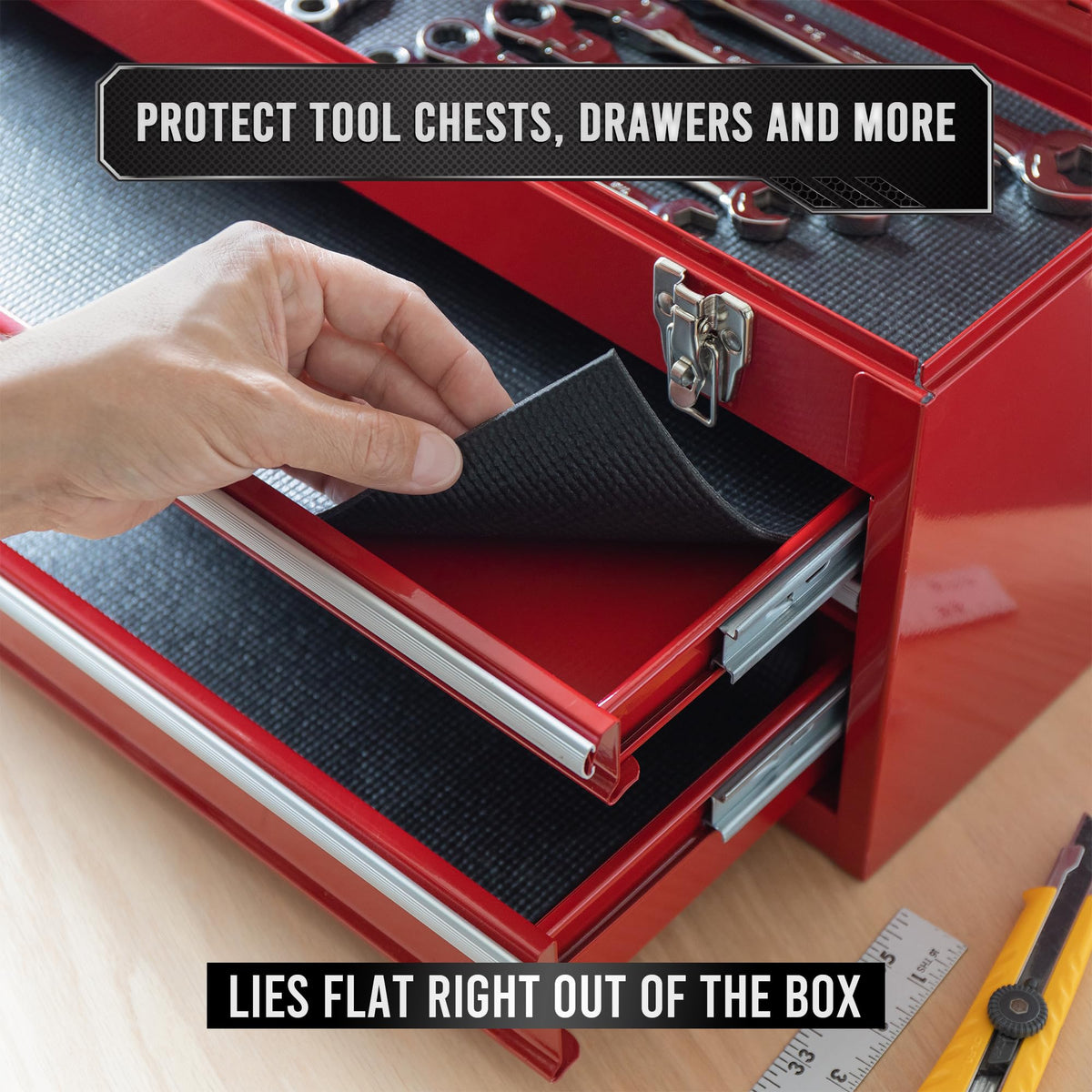Precision Defined memory foam-like drawer liner cushions tools and minimizes shifting