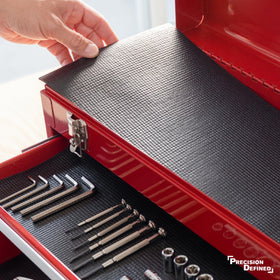 Precision Defined liner offers complete shelf and drawer coverage for tidy storage