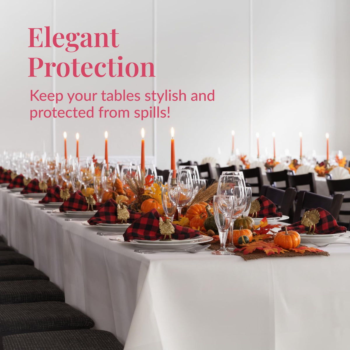 Prestee waterproof white rectangle table cloth on a table.