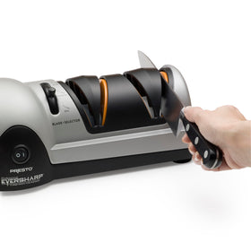 Presto 08810 knife sharpener with suction cup feet for stable sharpening on any counter.