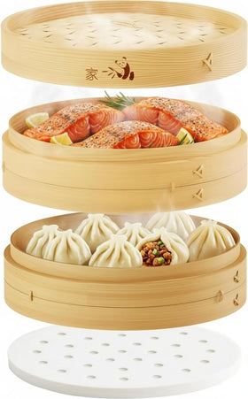 Prime Home Direct bamboo steamer basket on display for easy home steaming