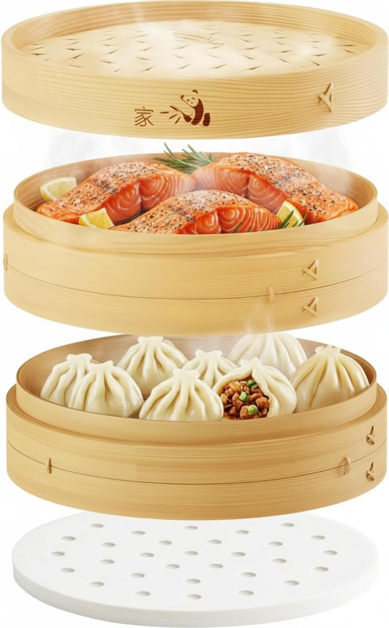 Prime Home Direct bamboo steamer 8-inch in action, steaming vegetables and rice.