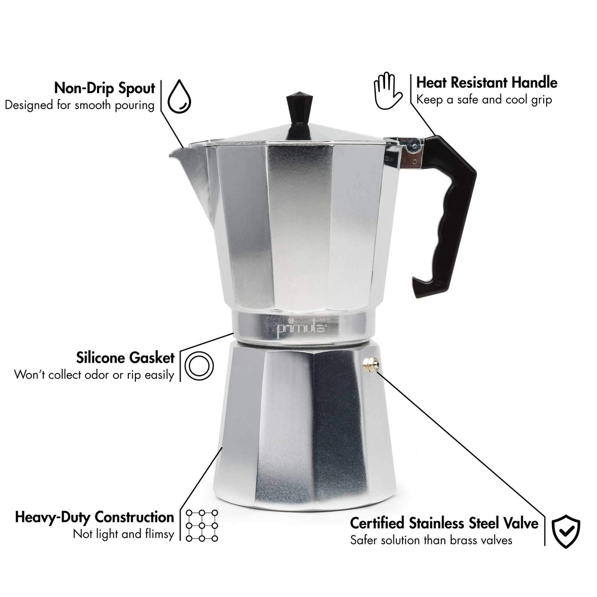 Primula Classic cast aluminum body ensures durable heat and consistent flavor