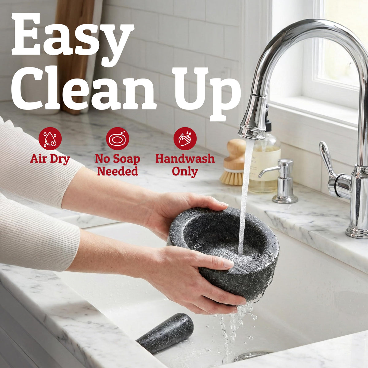 Priority Chef easy-clean granite surface simplifies cleanup after sauces.