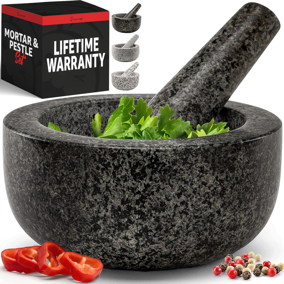 Priority Chef granite mortar and pestle set with 1.5 cup capacity for fresh guacamole.