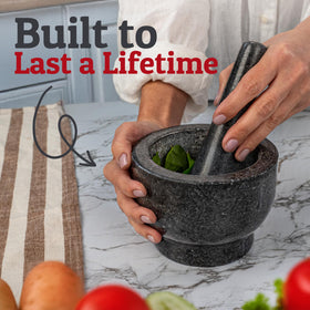 Close-up of Priority Chef granite texture showing durable stone for daily grinding.