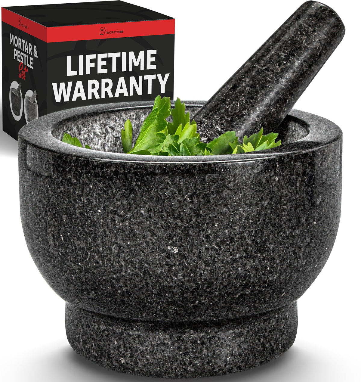 Priority Chef large granite mortar and pestle front view for fresh sauces.