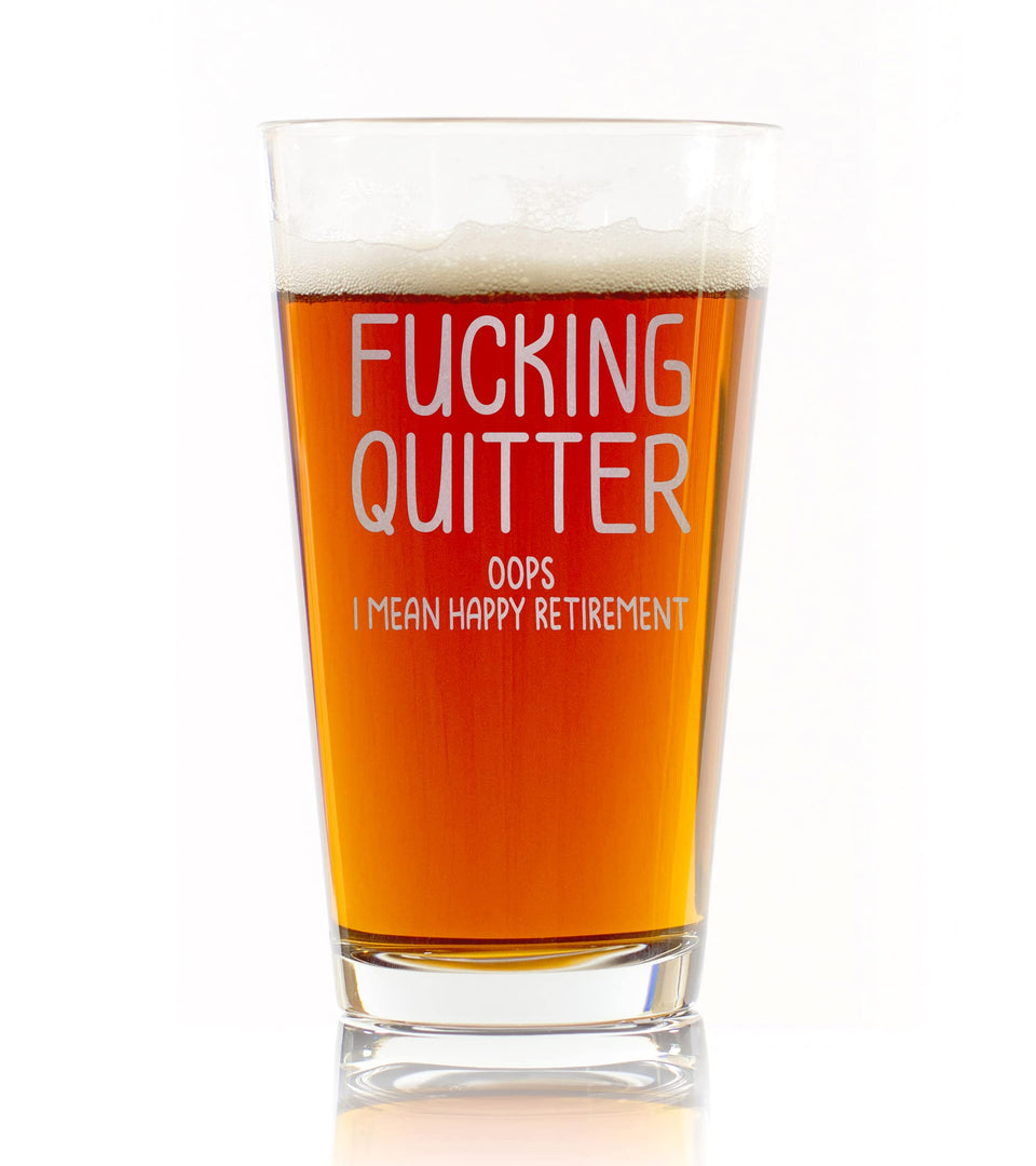 Promotion & Beyond Happy Retirement beer pint glass, front view, ideal for casual toasts.