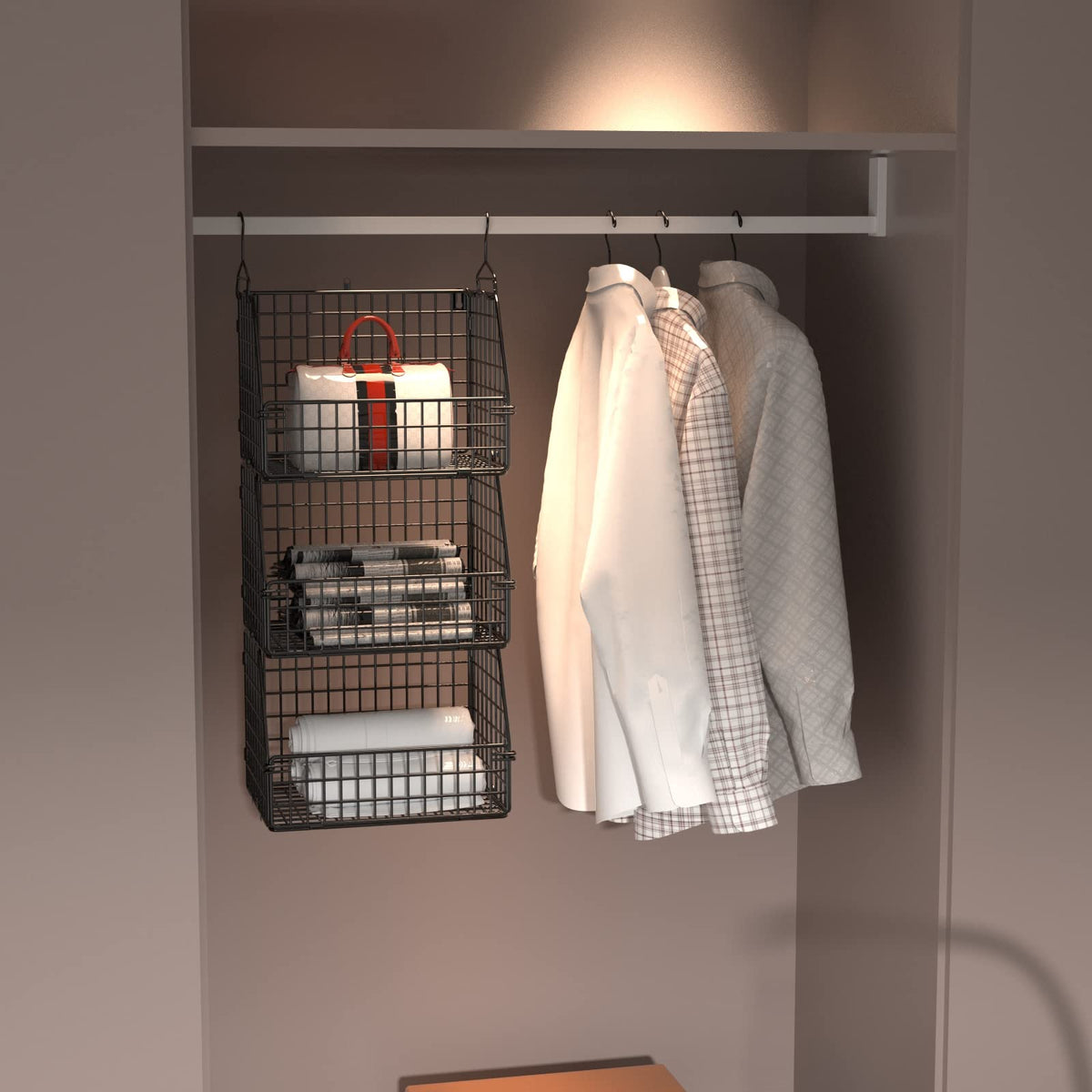 PUPPYCUTE hanging closet wire baskets keep essentials neatly organized and accessible.