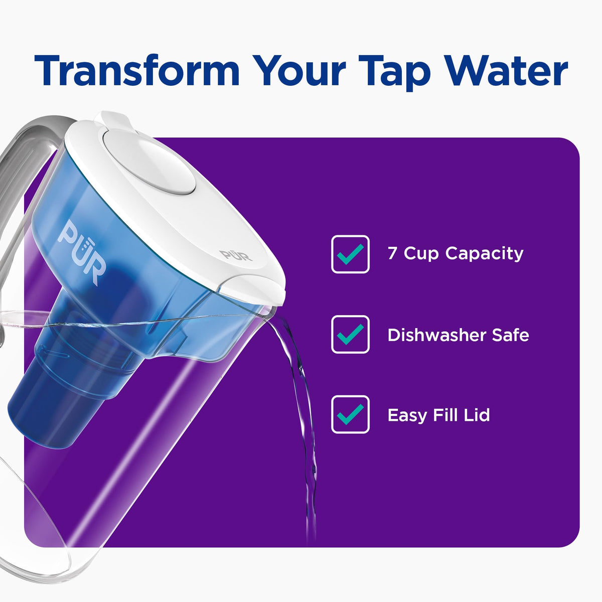 PUR 7-Cup pitcher with filter indicator showing replacement needs.