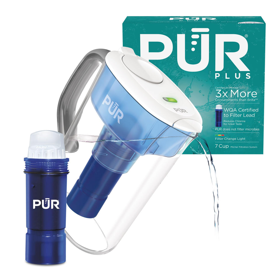 PUR Plus 7-Cup white pitcher front view for compact fridge storage