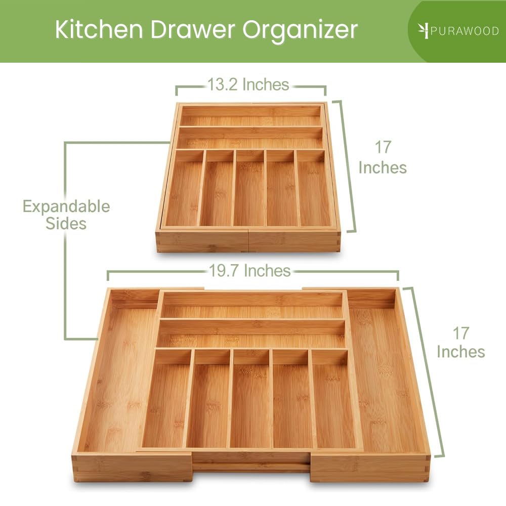 Purawood silverware drawer tray keeps flatware organized and easy to access