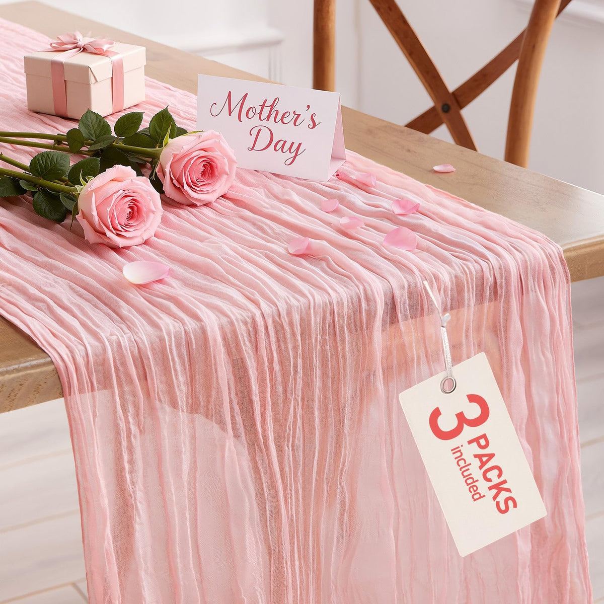 Pureegg cheesecloth table runner 120-inch drape for a polished wedding or party setup.