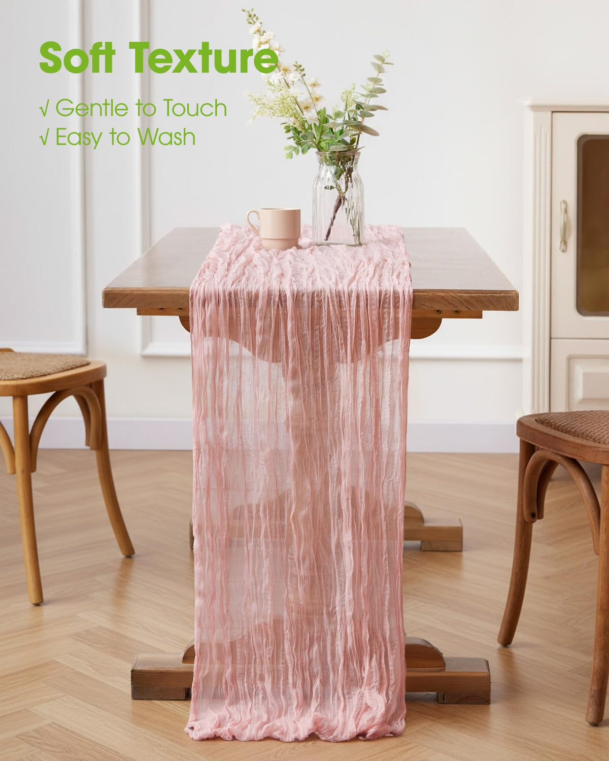 Pureegg cheesecloth table runner dusty pink color adds soft accent and versatility.