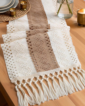 Pureegg Farmhouse Boho Table Runner shows beige woven texture for refined dining