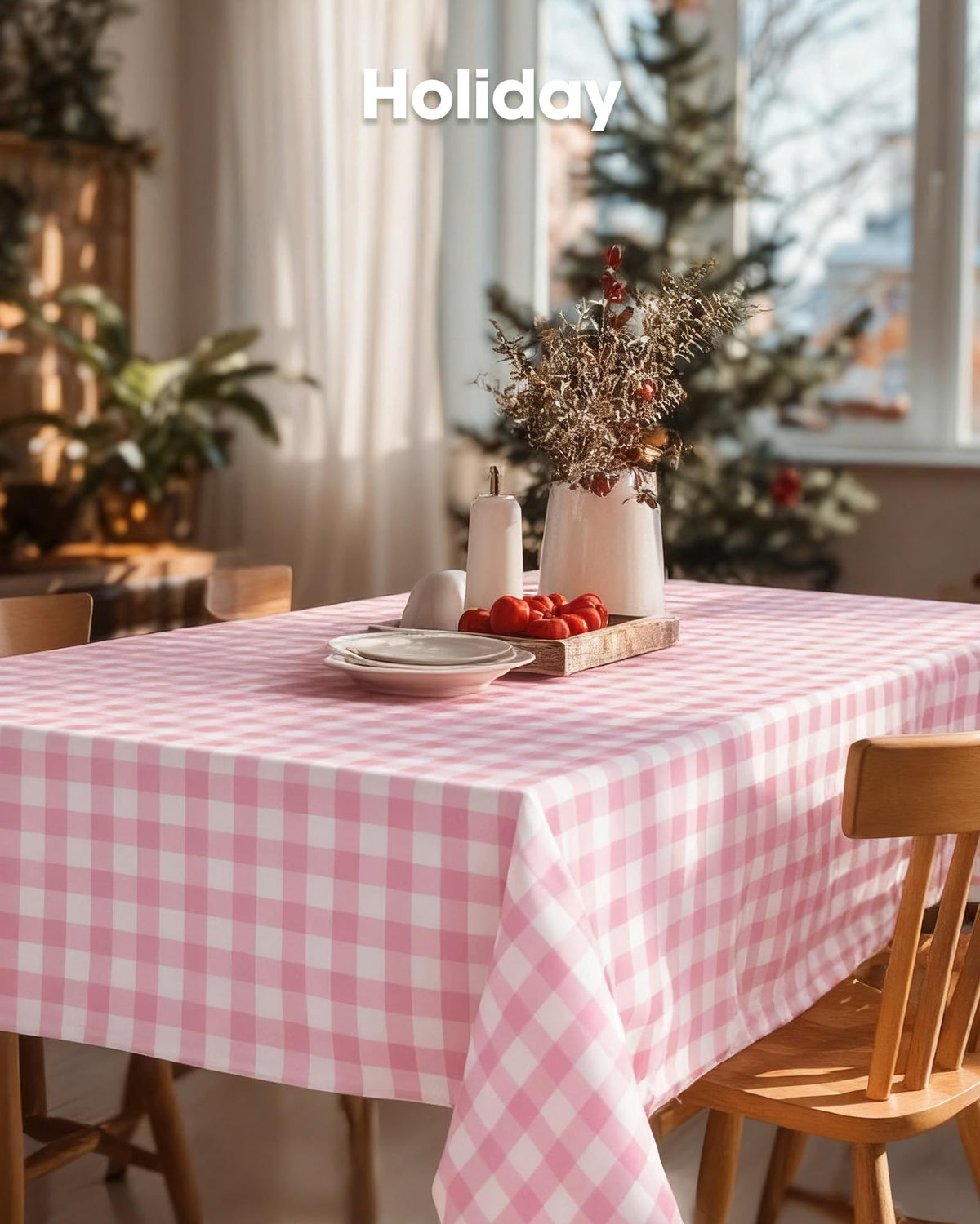 Pureegg party table setting with coordinated pink gingham cloth