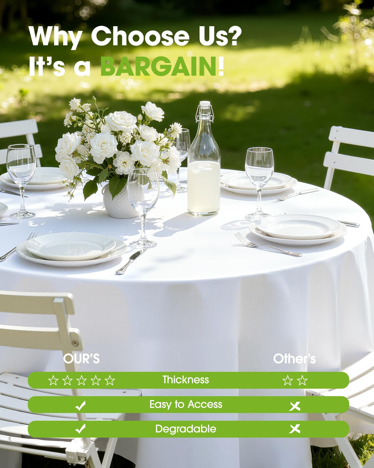 Pureegg picnic setup with white round table cloth on outdoor table