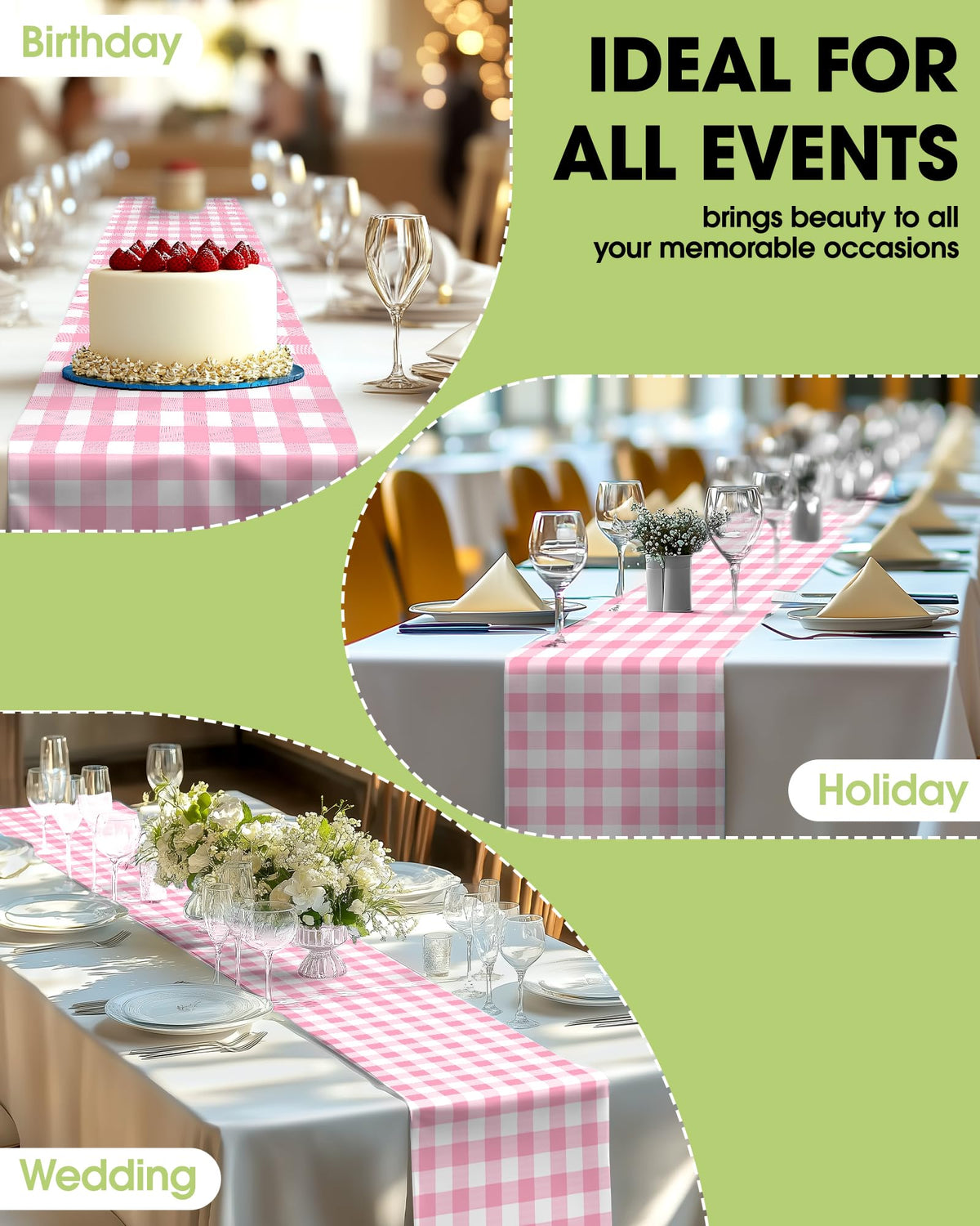 Pureegg table decoration blends with colored cloths for various themes.