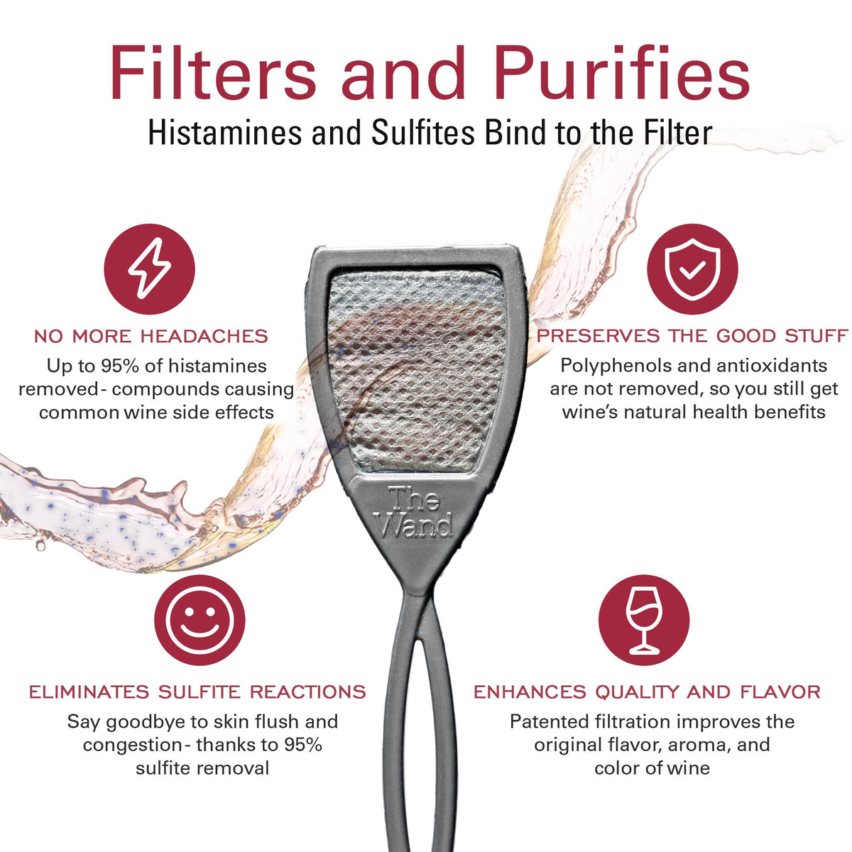 PureWine The Wand purifier in glass during stirring for a purer pour.