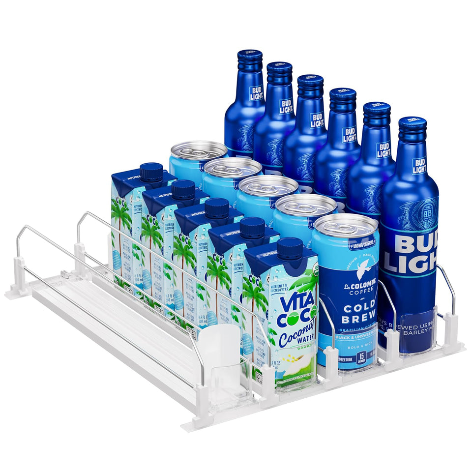 Puricon drink organizer in fridge front view for tidy can storage
