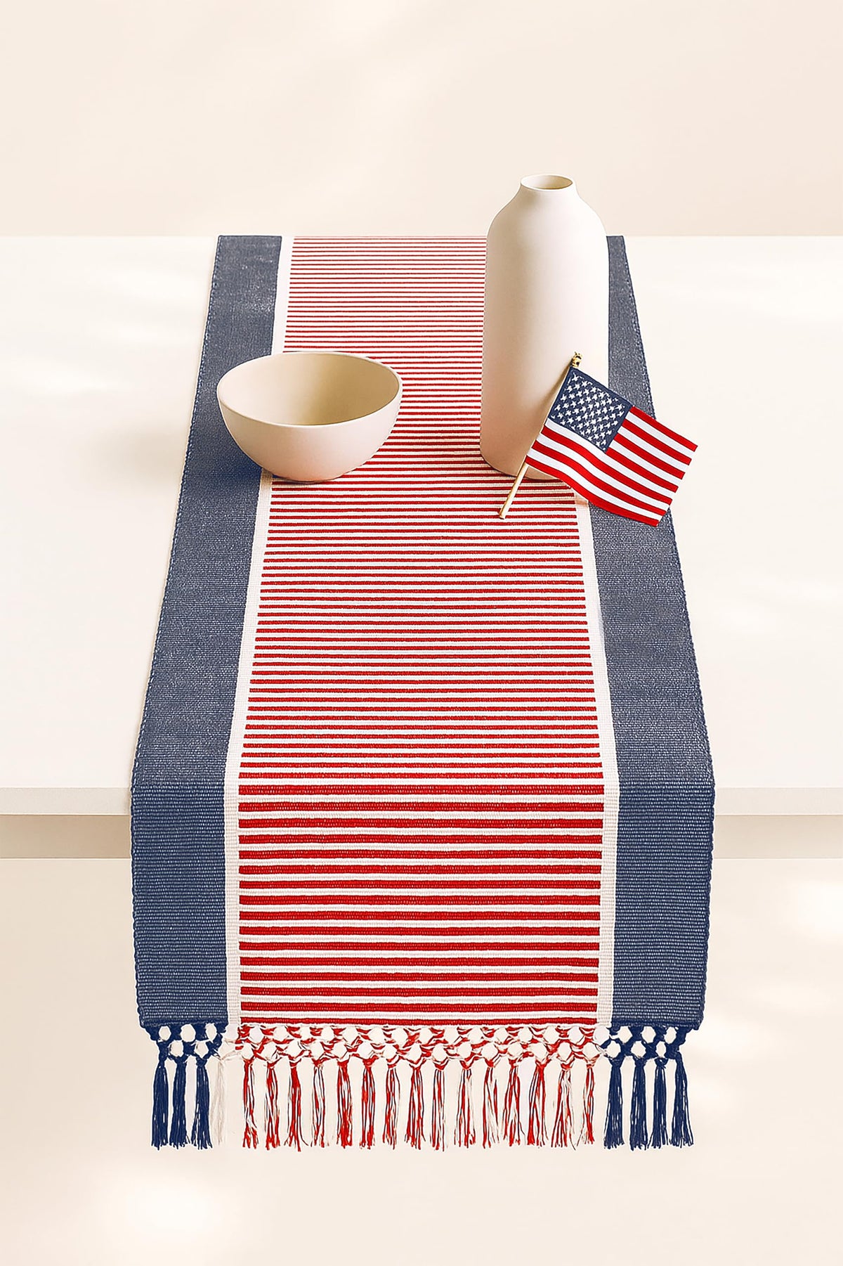 PurpleEssences 4th of July table runner with wide dobby stripe enhances patriotic dining and centerpiece appeal.