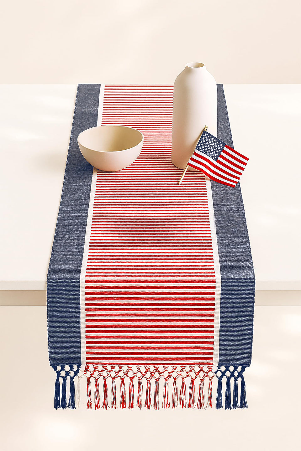 PurpleEssences fourth-of-july table runner with dobby stripe enhances patriotic dining.