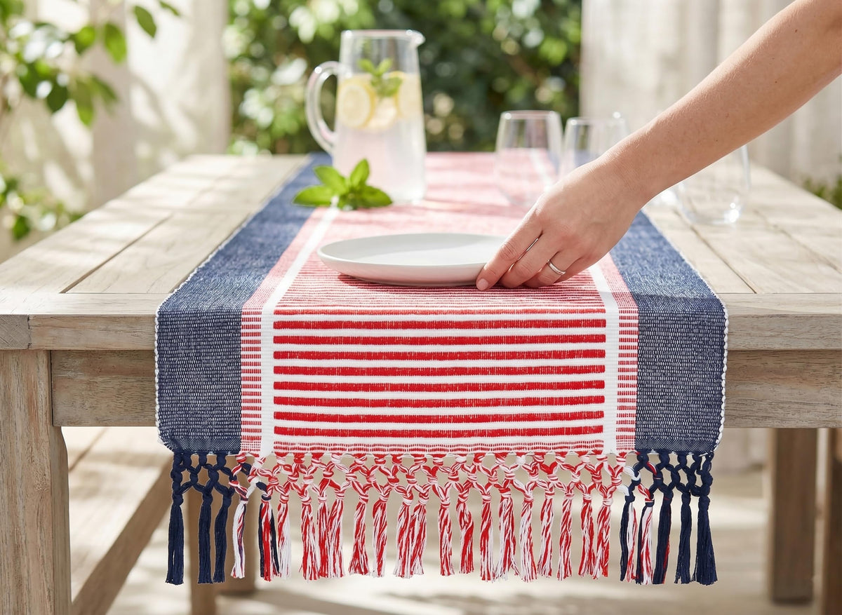 PurpleEssences fringe ends frame dinnerware with a polished farmhouse look.