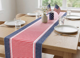 PurpleEssences red white blue colorfast table runner complements patriotic decor.