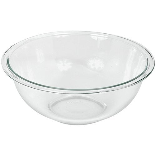 Pyrex 325 2.5qt glass bowl, dishwasher-safe, easy cleanup after storage or serving.