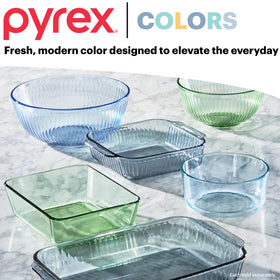 Pyrex Colors glass bowls ready for prep, bake, and serve with lids.