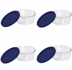 Pyrex storage 4-cup round dish with dark blue cover keeps leftovers fresh.