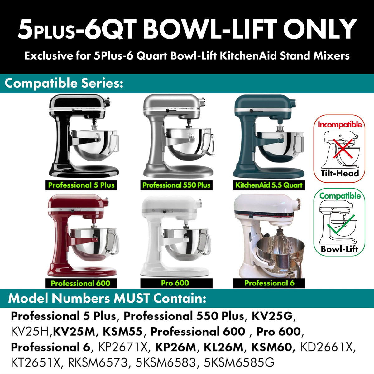 QAp Quality Art Practical compatible with 6 Qt KitchenAid models for heavy dough tasks