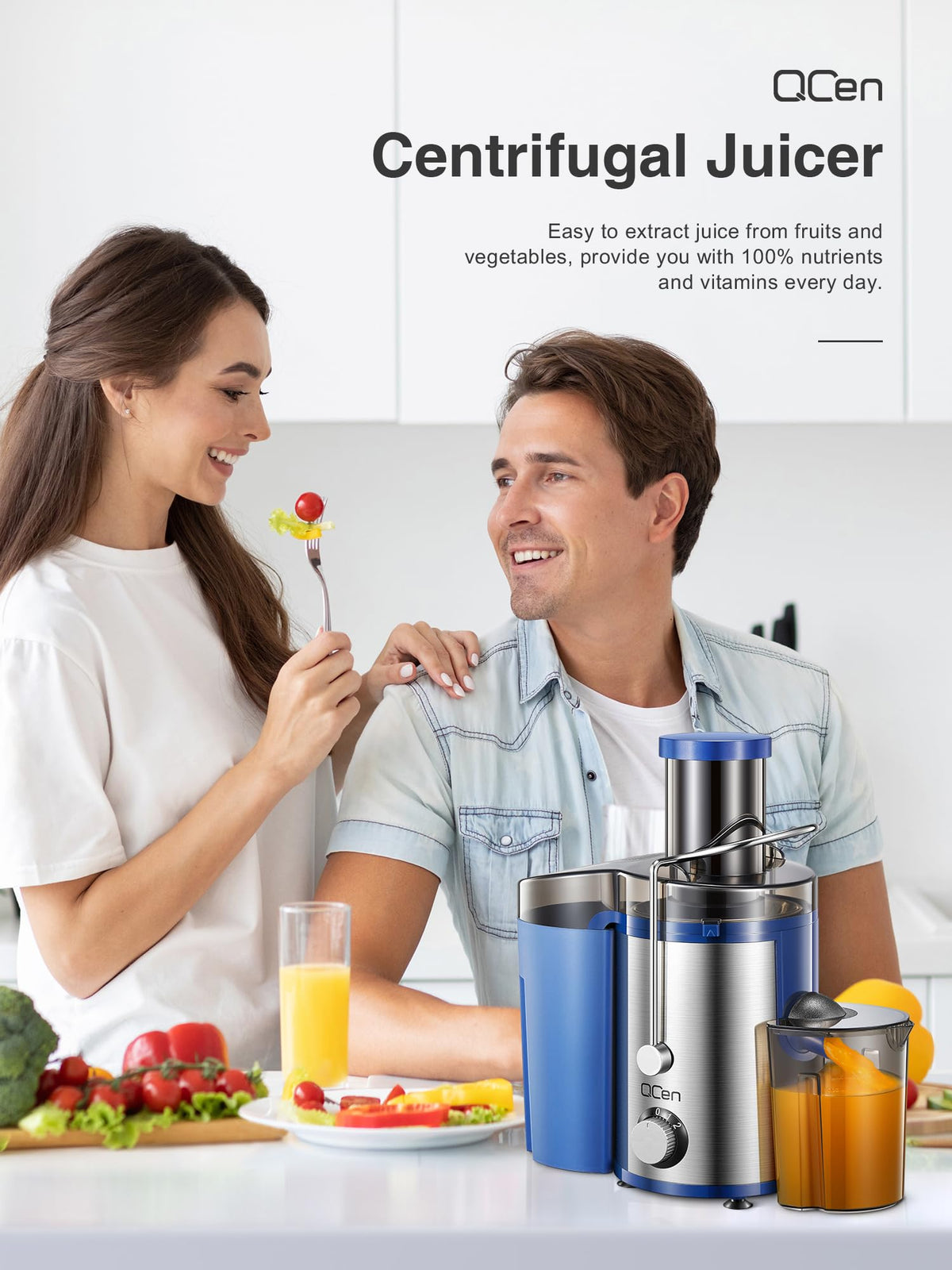 QCen Juicer blue color design adds vibrant kitchen appeal.