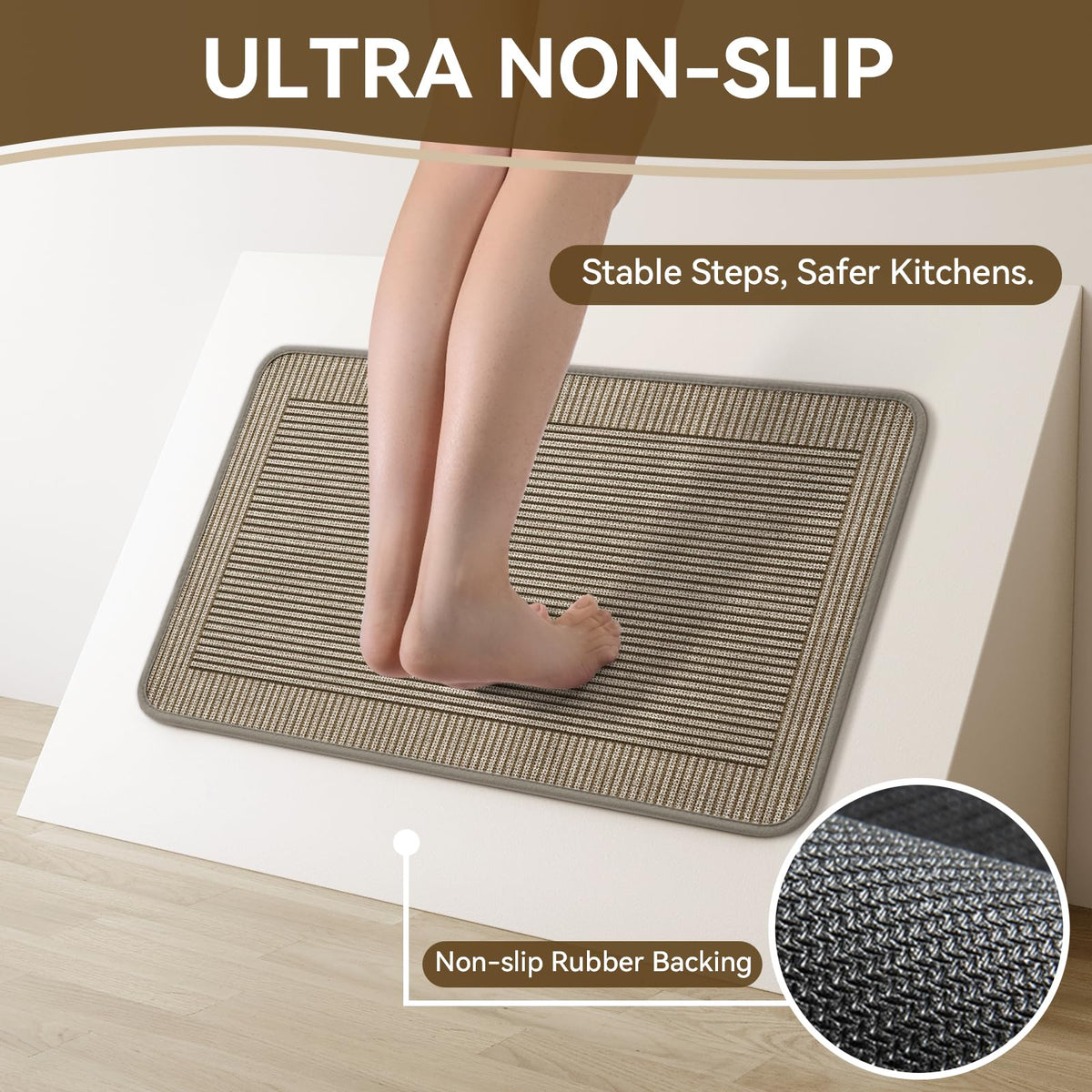 QiCaiJia non-slip kitchen mat with rubber backing stays in place during cooking.