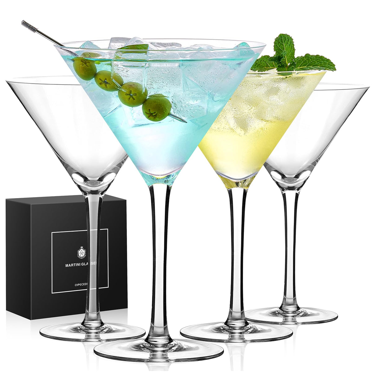 Qipecedm Martini Glasses set of 4—elegant 9 oz crystal for espresso martinis and cosmopolitans.