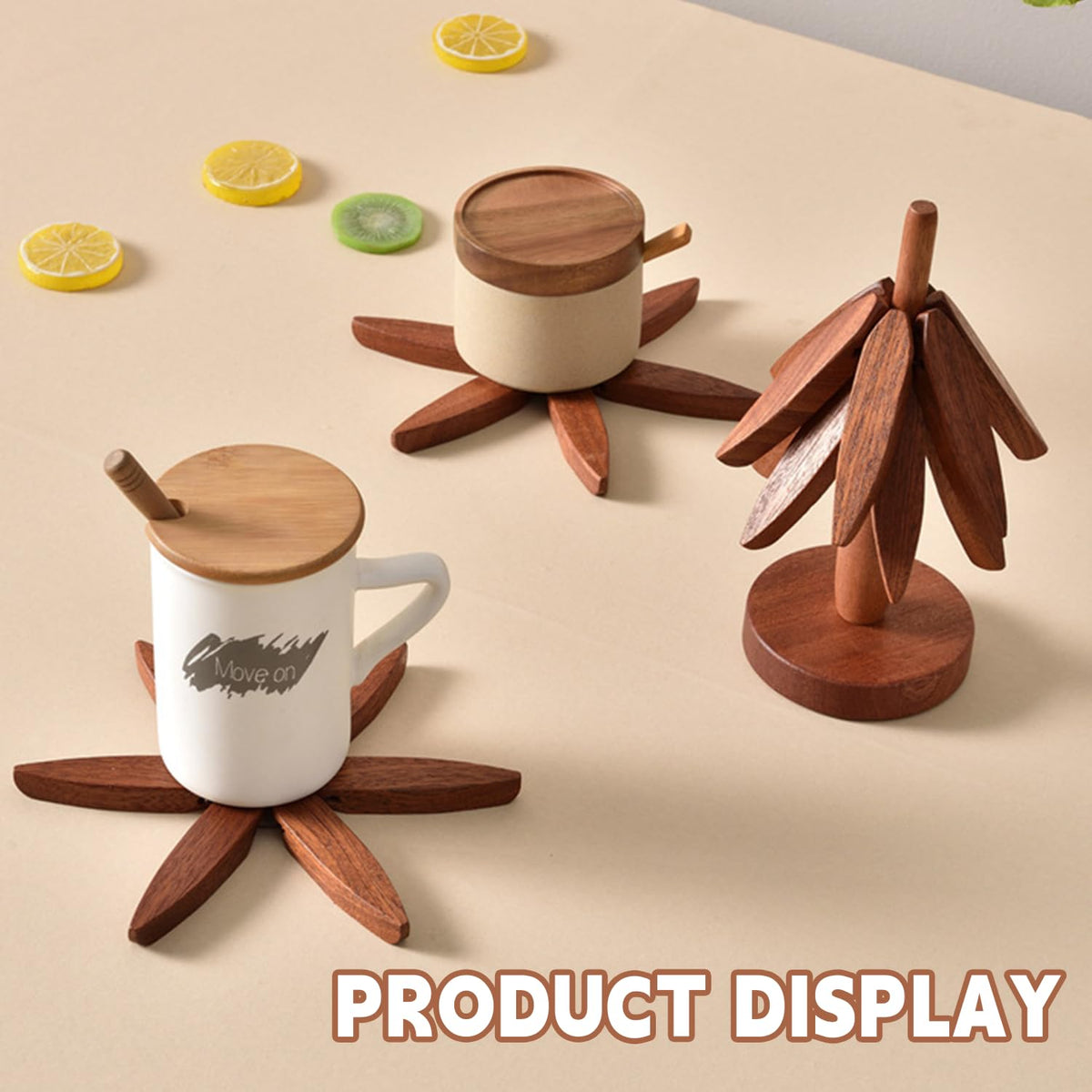 QIYLQE multi-use wooden trivet suitable for cups, bowls, and teapots.