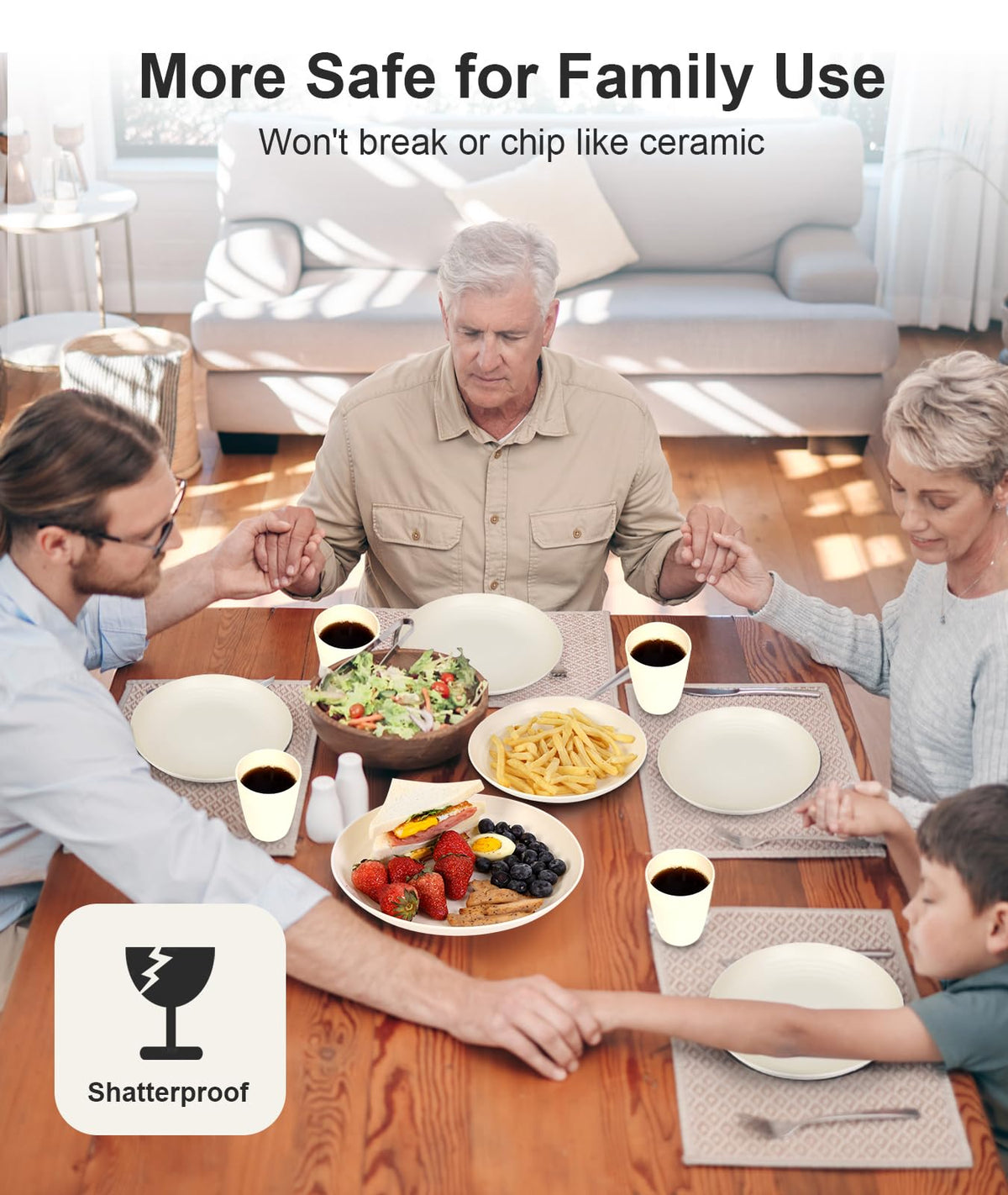 Quatish stackable plates save cabinet space for easy storage.