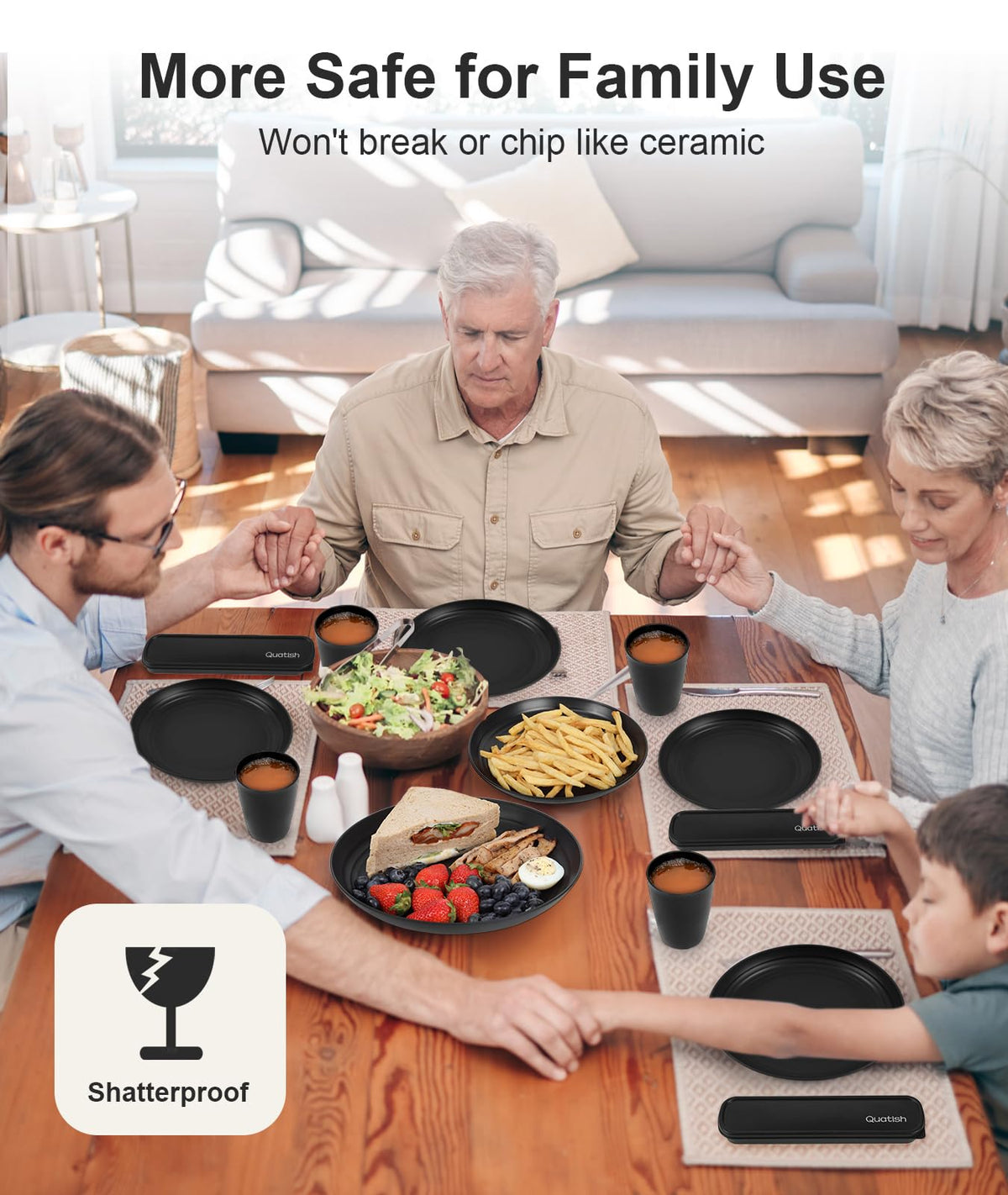 Quatish stackable dinnerware saves cabinet space and keeps shelves neat.