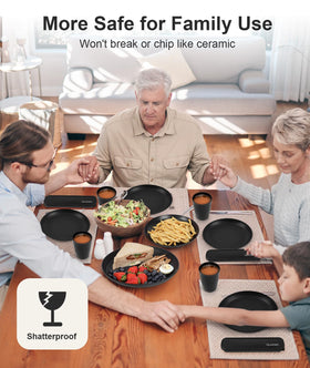 Quatish stackable dinnerware saves cabinet space and keeps shelves neat.