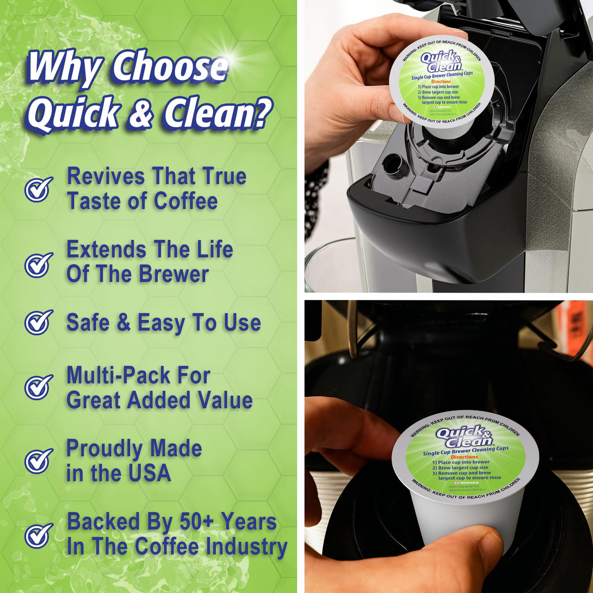 Quick & Clean K-Cup cleaner pod before-after shows cleaner internal components.